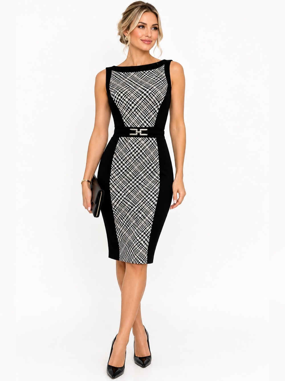 White House Black Market Black & White Ponte Sheath Dress with Belt size 6